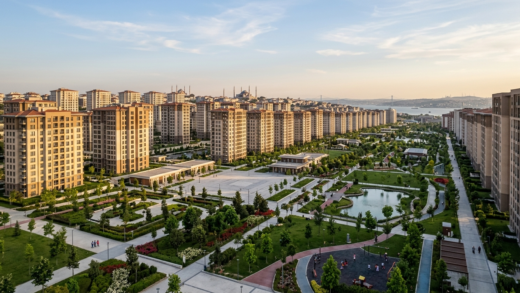 İstanbul TOKİ 100 bin sosyal konut projesi modern yerleşim alanı ve çevre düzenlemesi.